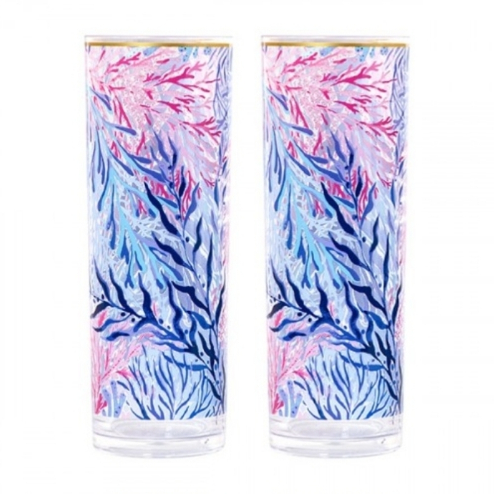 New In Box Lilly Pulitzer Acrylic Hi-Ball Glasses Kaleidoscope Coral Set of 2